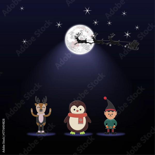 Obraz Christmas Night Scene with Stylized Reindeer, Penguin, and Elf Characters