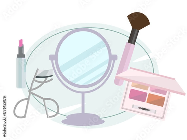 Obraz メイク用品のイラスト素材セット。メイク道具。化粧品。ベクターイラスト