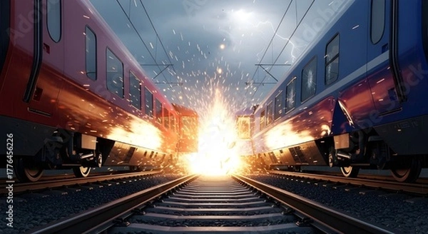 Fototapeta Dramatic train collision on tracks with bright explosion and sparks in a snowy environment
