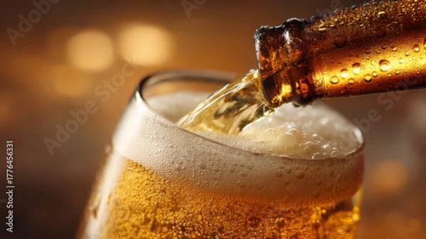 Fototapeta Close-up of golden beer being poured from a bottle into the top of a clear glass