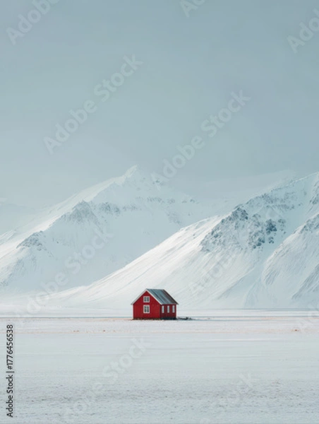 Fototapeta A red house in the middle of an icelandic landscape, with snowy mountains and a vast, flat, white snow field