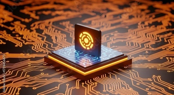 Fototapeta Futuristic glowing digital data chip or token standing on a illuminated platform over a complex circuit board