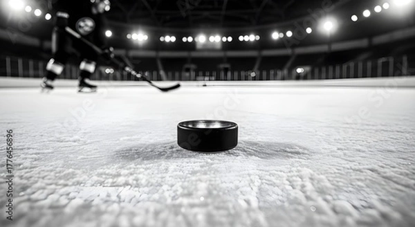 Fototapeta Black and white low angle shot of a hockey puck on ice with a player in motion ready to shoot
