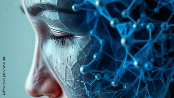 Fototapeta Futuristic human face merged with digital neural network, concept of artificial intelligence, cyber technology, and human-machine connection. Generative AI.