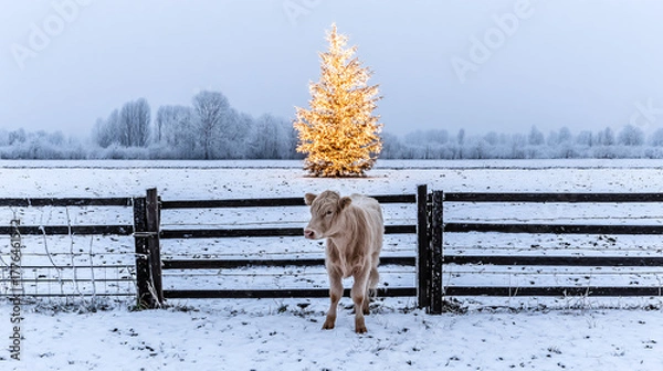 Fototapeta A serene rural scene captures a cow standing next to a wooden fence, with a beautifully lit Christmas tree glowing softly in the snowy backdrop. The winter atmosphere is calm and festive