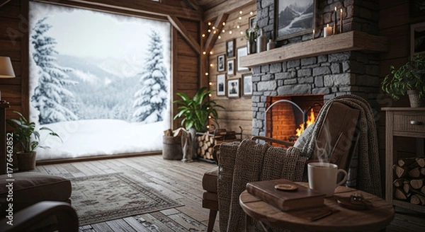 Obraz Warm Rustic Cabin Interior with Fireplace and Winter View
