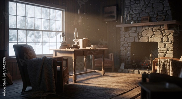 Obraz Rustic Winter Cabin Workspace with Warm Firelight
