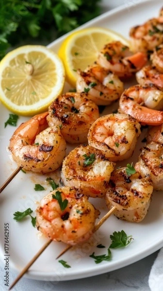 Fototapeta Grilled shrimp skewers with lemon and parsley garnish on white plate