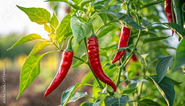 Fototapeta Red Chilies in field ready to harvesting in natural warm sunlight background