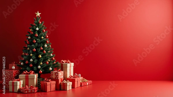 Fototapeta New Year's studio with a red background with all the toys, gifts and a Christmas tree, without people, space for text,
