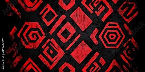 Fototapeta Intense Red Geometric and Abstract Tribal Pattern Over a Grungy Black Wooden or Textured Background.