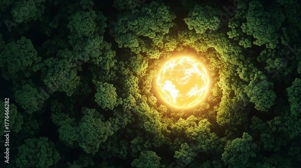 Fototapeta Aerial View of a Dense Green Forest Canopy Surrounding a Bright, Glowing, Yellow Sun or Energy Orb.