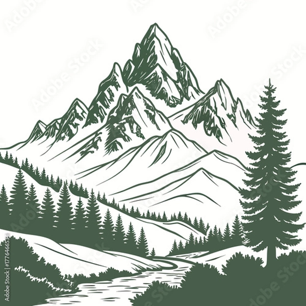 Fototapeta Illustration of a mountain range with a river and trees