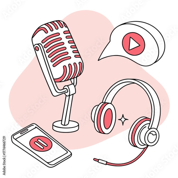 Obraz Illustration of podcasting equipment with microphone and phone