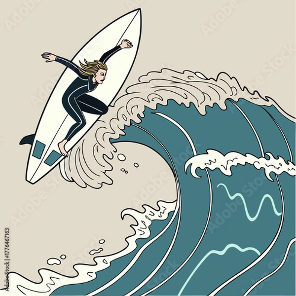 Fototapeta Illustration of a surfer riding a wave on a surfboard art
