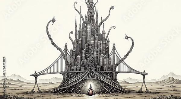 Fototapeta Intricate Organic City and Bridges Illustration, Detailed Monochrome Drawing with Transparent Background