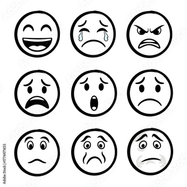 Fototapeta Collection of Black and White Cartoon Emoji Faces Expressing Various Emotions.