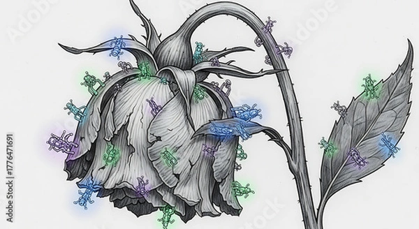 Fototapeta Fading Rose with Glowing Robotic Insects, Detailed Monochrome Drawing on Transparent Background.