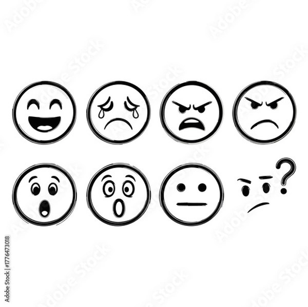 Fototapeta Collection of expressive black and white emoji faces conveying various emotions.