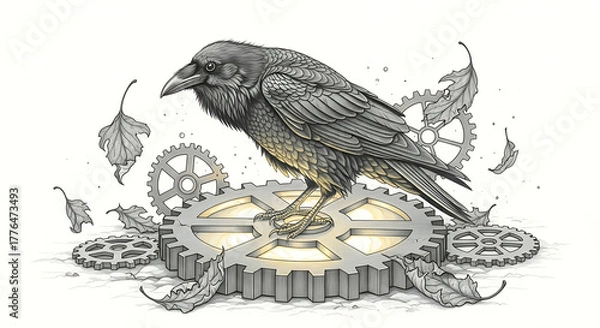 Fototapeta Monochromatic Raven on Steampunk Gears with Falling Leaves, Illuminated Details, Transparent Background
