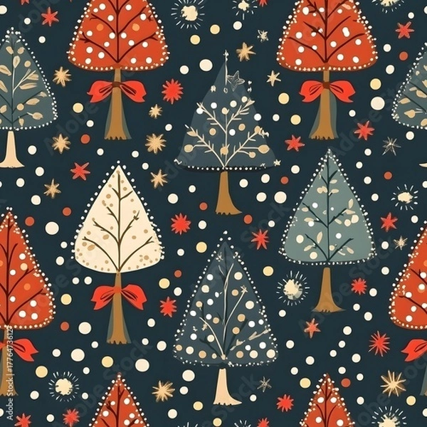 Fototapeta Christmas trees pattern with colorful ornaments on dark background creates a festive holiday atmosphere.