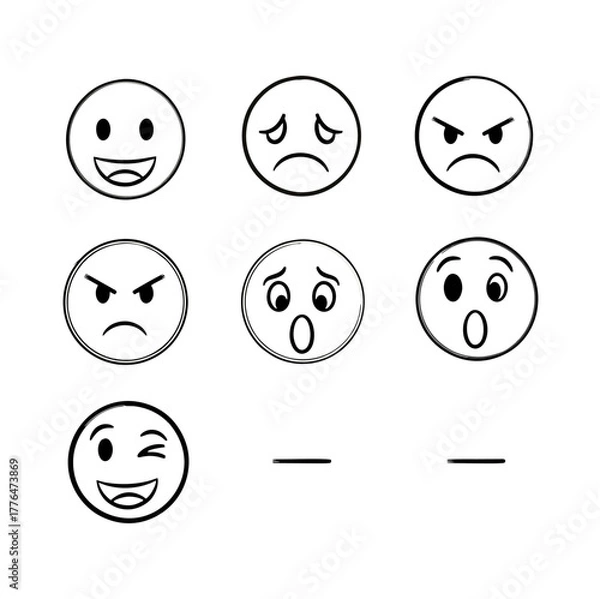 Fototapeta Collection of Hand-Drawn Black and White Emoji Faces Expressing Various Emotions.