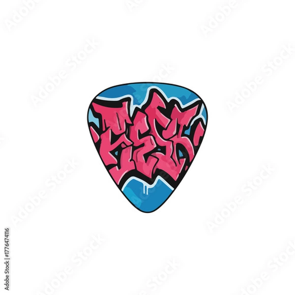 Fototapeta A guitar pick with graffiti-style lettering in pink and black on a light blue background.