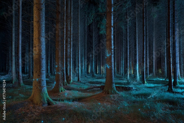 Fototapeta Mystical forest with illuminated trees and dark blue night background  
