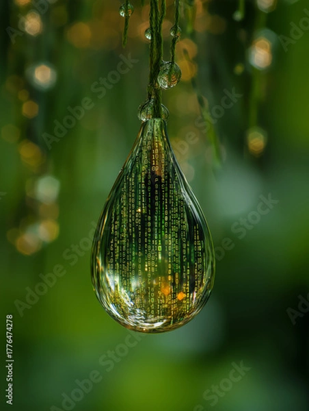 Fototapeta Water droplet reflecting greenery and digital pattern in nature  