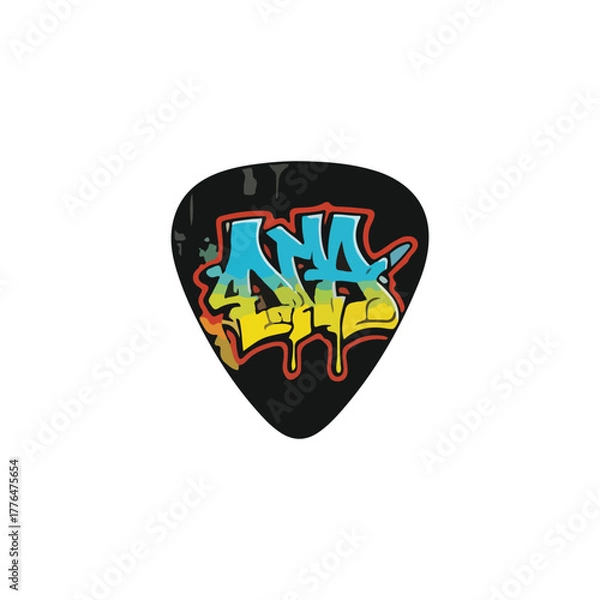 Fototapeta A black guitar pick featuring colorful graffiti art spelling "ANA" in blue and yellow on a white background.