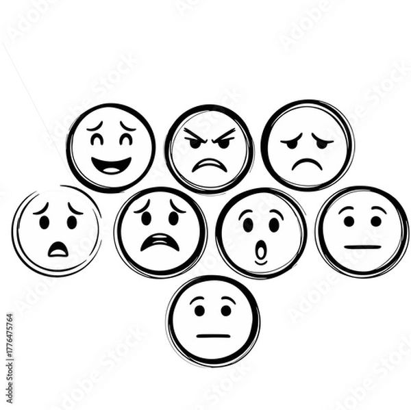 Fototapeta Collection of Hand-Drawn Circular Emoticons Expressing Various Emotions.