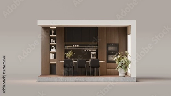 Fototapeta Modern Kitchen Showroom Display with Wooden Cabinets and Built-in Dining Table