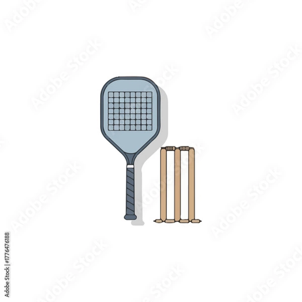 Fototapeta Illustration of a squash racket and cricket wickets, representing sports equipment against a white background.