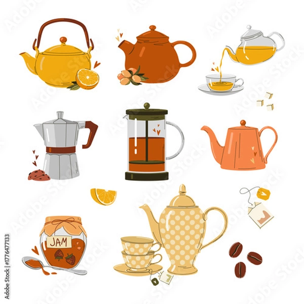Fototapeta Cozy tea and coffee autumn vector set with teapot, coffeemakers and sweets