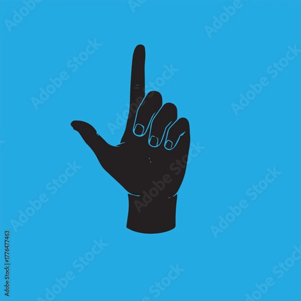 Fototapeta A black silhouette of a hand with the index finger pointing upwards against a blue background.