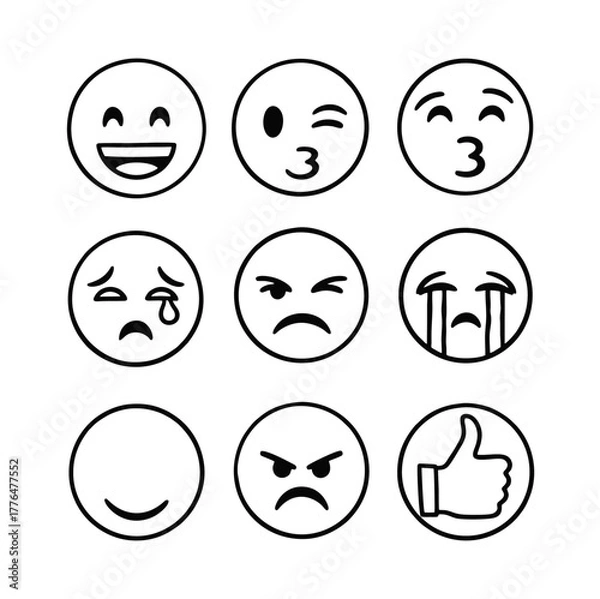 Fototapeta Collection of Line Art Emoji Icons Expressing Various Emotions and Reactions.