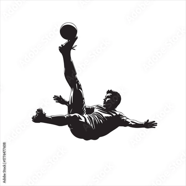 Fototapeta Silhouette of a soccer player performing a bicycle kick, controlling the ball mid-air.