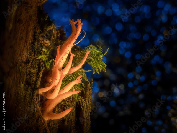 Obraz macro, a small mushroom growing from a tree trunk
