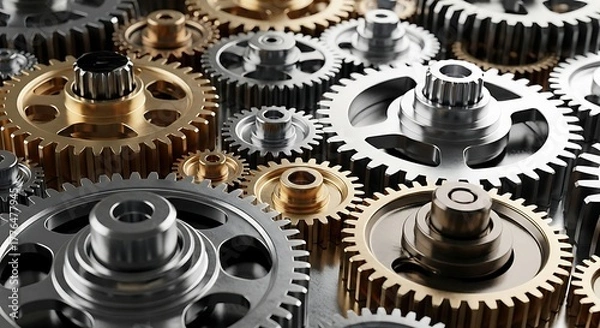 Fototapeta Closeup of interlocking metal gears in a mechanical system
