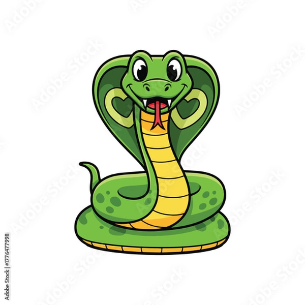Fototapeta A cartoon cobra snake with a friendly expression, ready to strike, isolated on white.
