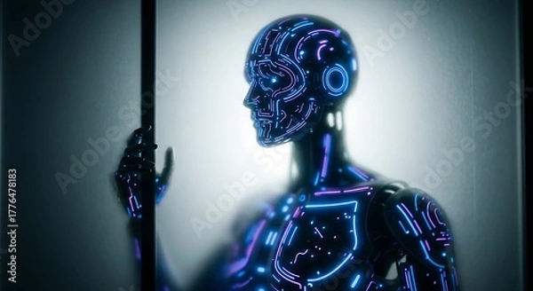 Fototapeta Futuristic cyborg with glowing blue and purple circuits