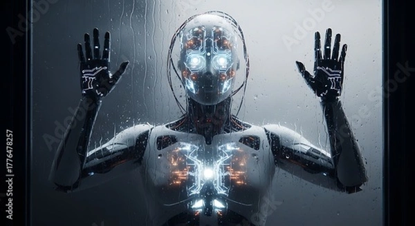 Fototapeta White robot with glowing chest and hands on glass