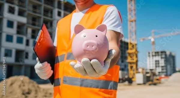Fototapeta Construction Worker Holding Piggy Bank and Clipboard at Building Site with Crane Background, Outdoor Industrial Environment, Front View, Financial Planning Concept