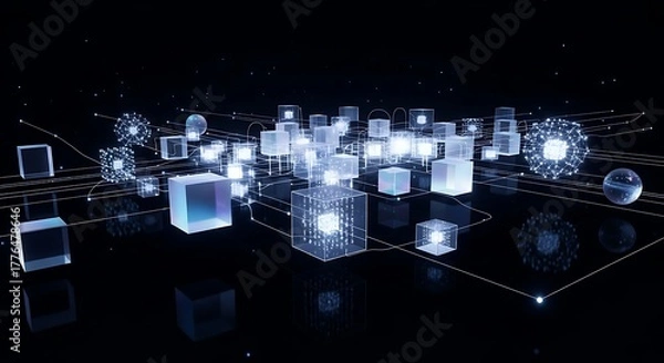 Fototapeta Abstract network of glowing cubes and nodes on black