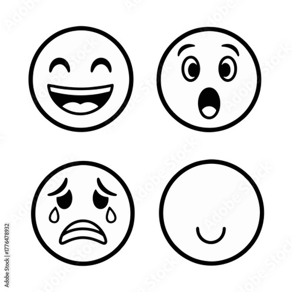 Fototapeta Four Outline Emoji Faces Showing Different Emotions and Expressions.