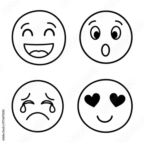 Fototapeta Four Simple Black and White Emoji Faces Expressing Different Emotions.