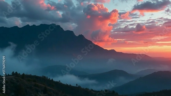 Fototapeta Majestic mountain landscape at sunset with colorful clouds, soft mist over rolling hills, dramatic sky and serene atmospheric scenery. Generative AI.