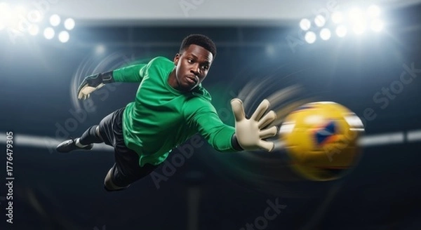 Fototapeta Goalkeeper in action diving to save a soccer ball in a stadium. Professional African American player making a dramatic save during a night game