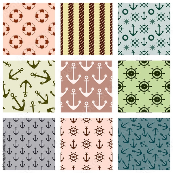Fototapeta Set of vector seamless patterns with anchor, steering wheel, life preserver and rope Creative geometric symmetrical background, nautical theme. Graphic illustration in beige, grey, brown colors.