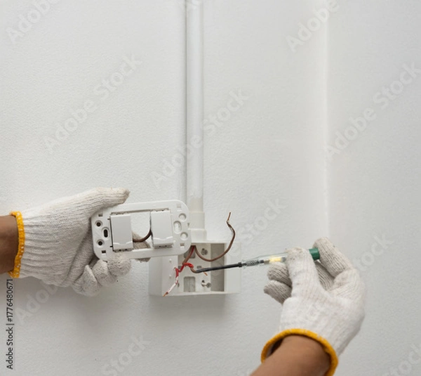Obraz Close-up of Electrician Testing Live Wire with Voltage Tester or Detection Screwdriver Before Wall Switch Installation.